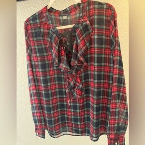 NWT Tommy Hilfiger Green Red and Blue Tartan Plaid Long Sleeve Blouse